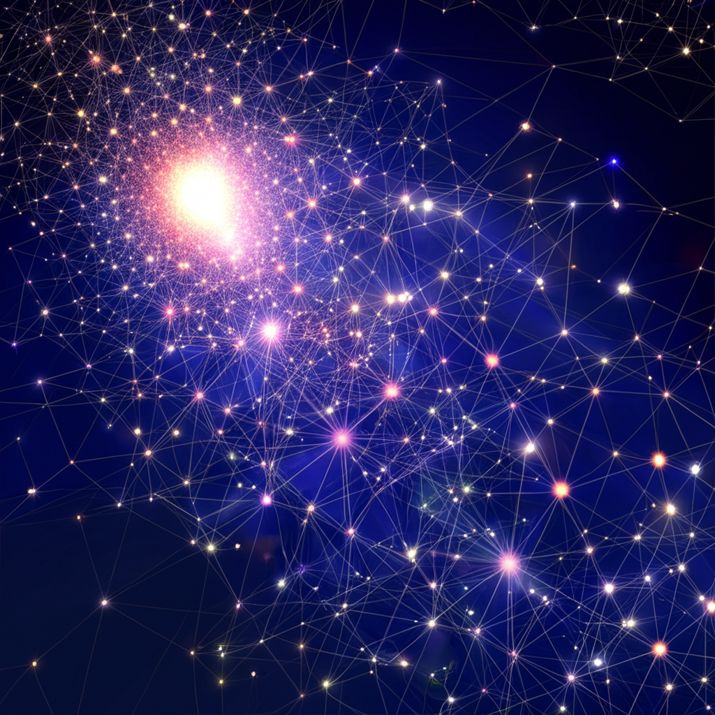 Abstract visualization of modern software development with AI components represented as glowing nodes within a complex system architecture